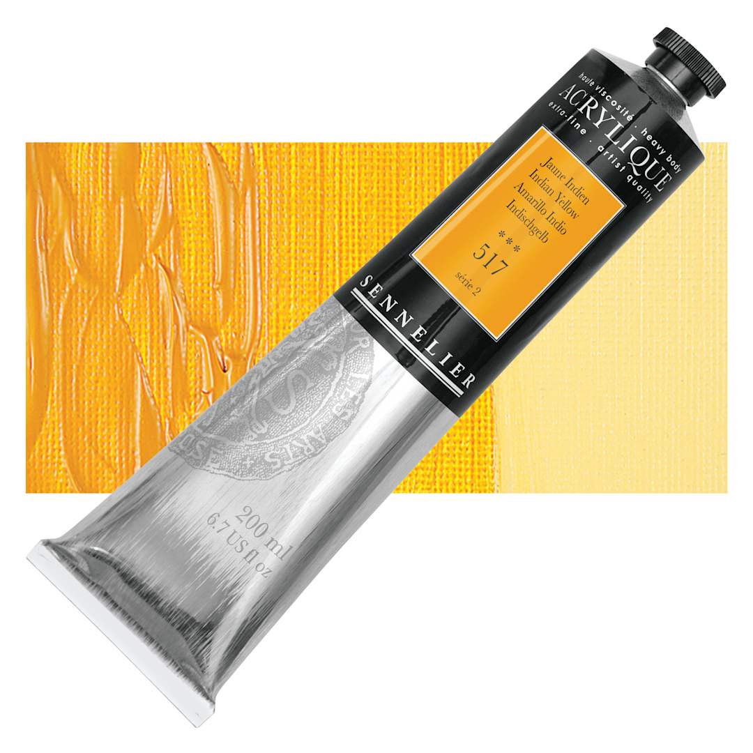 Open in modal - Sennelier Extra-Fine Artist Acrylique - Indian Yellow, 200 ml tube and swatch