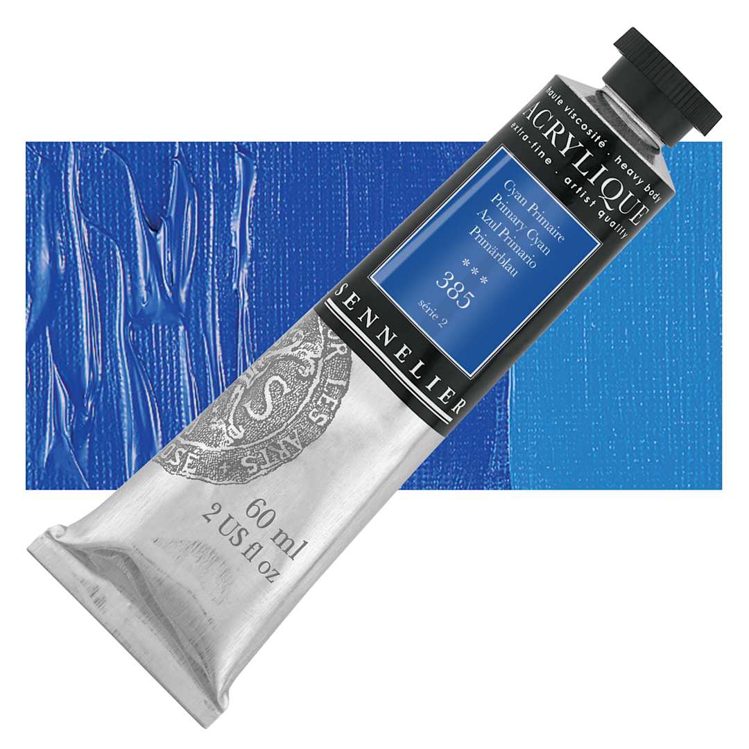 Open in modal - Sennelier Extra-Fine Artist Acrylique - Primary Cyan, 60 ml tube and swatch