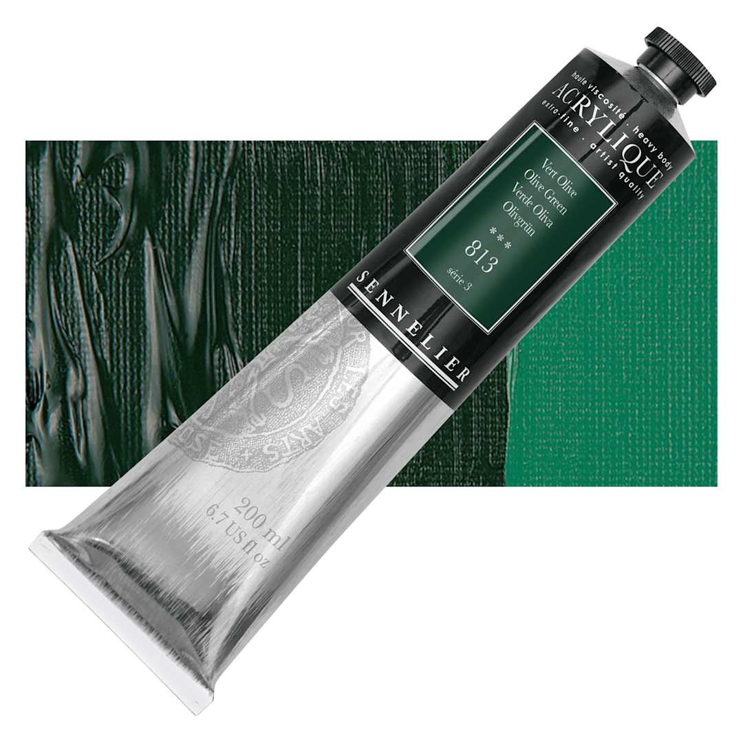Open in modal - Sennelier Extra-Fine Artist Acrylique - Olive Green, 200 ml tube and swatch