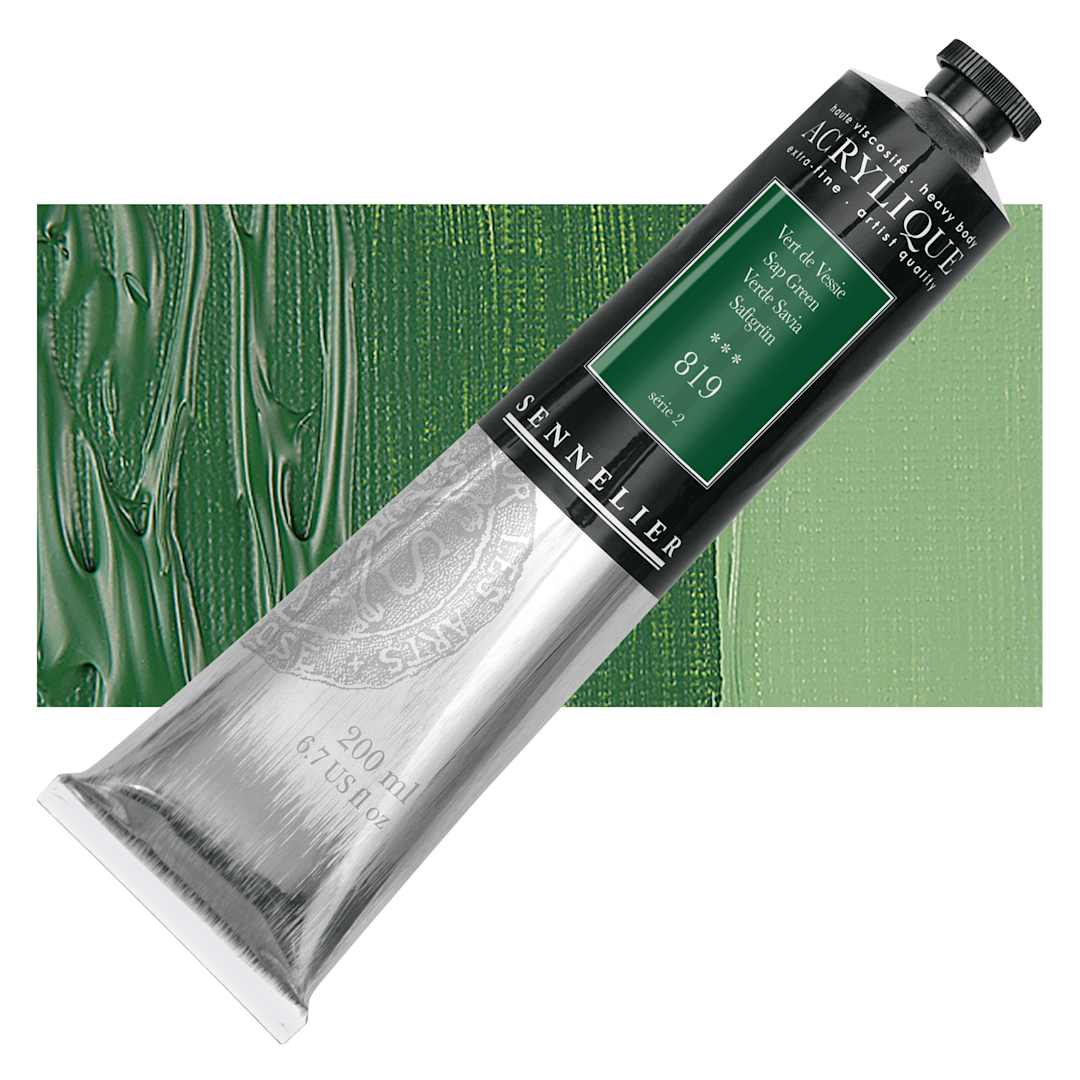 Open in modal - Sennelier Extra-Fine Artist Acrylique - Sap Green, 200 ml tube and swatch