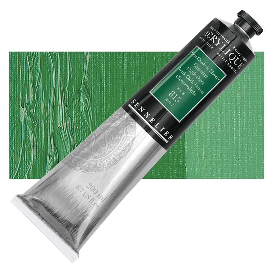 Open in modal - Sennelier Extra-Fine Artist Acrylique - Chromium Oxyde Green, 200 ml tube and swatch