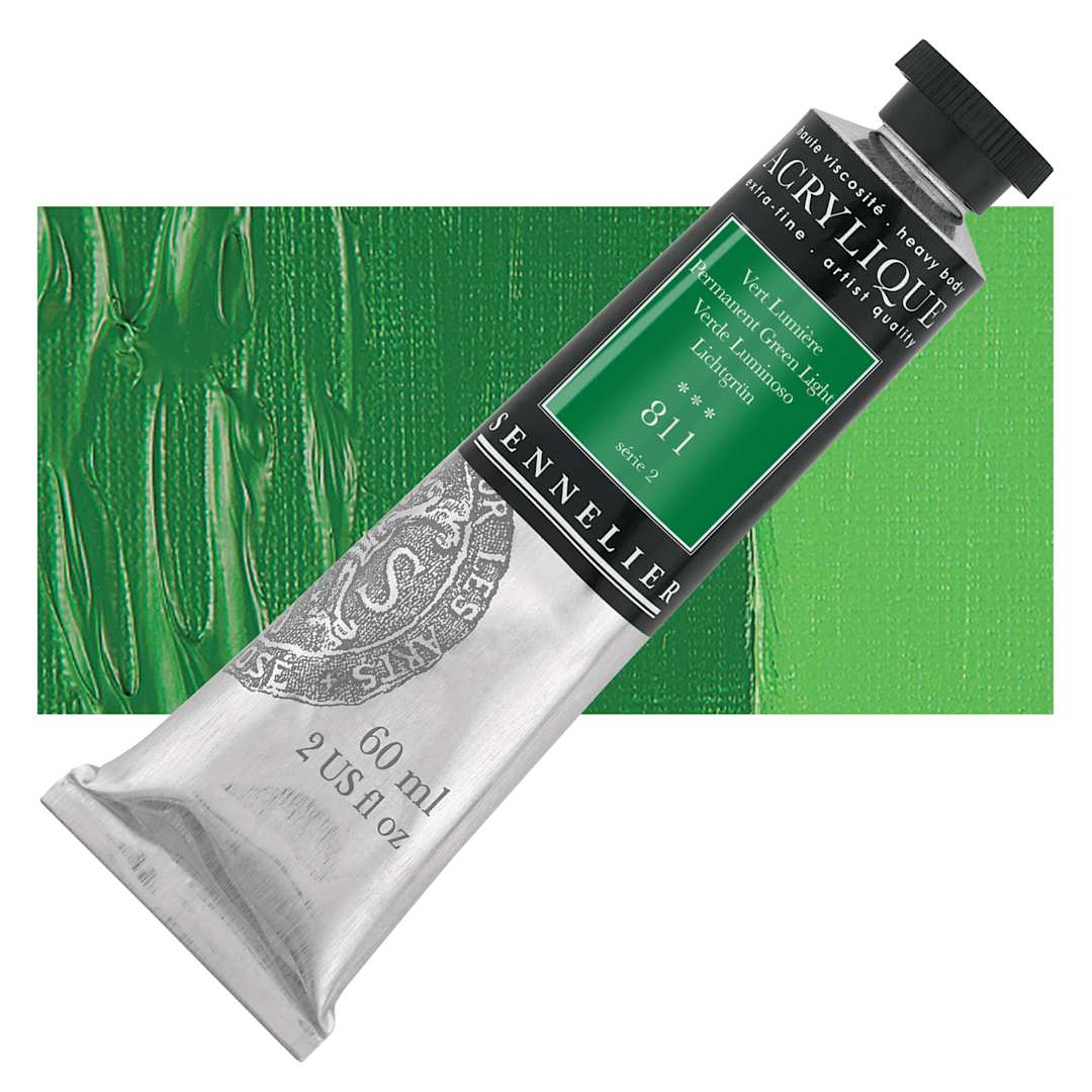 Open in modal - Sennelier Extra-Fine Artist Acrylique - Permanent Green Light, 60 ml tube and swatch