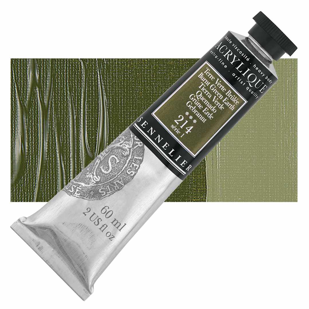 Open in modal - Sennelier Extra-Fine Artist Acrylique - Burnt Green Earth, 60 ml tube and swatch