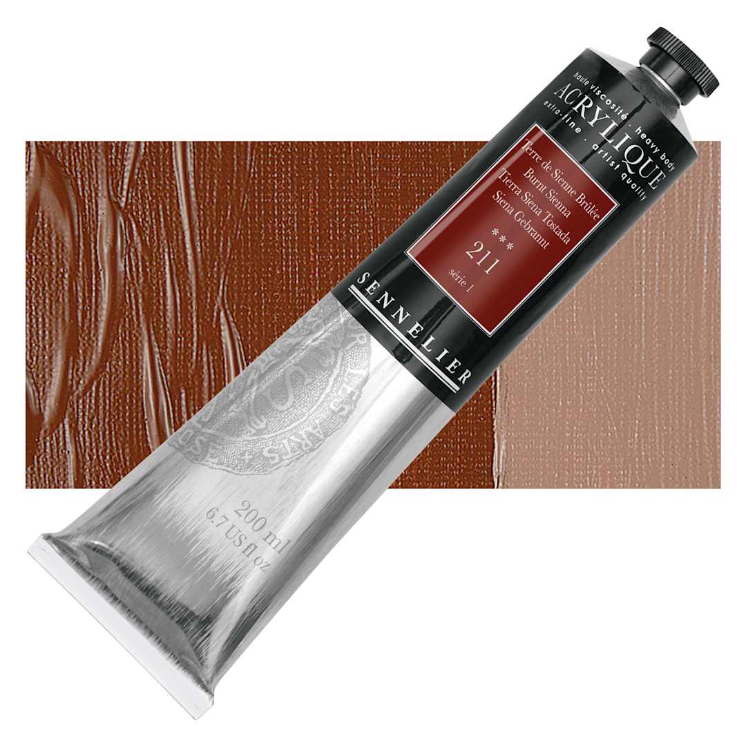 Open in modal - Sennelier Extra-Fine Artist Acrylique - Burnt Sienna, 200 ml tube and swatch