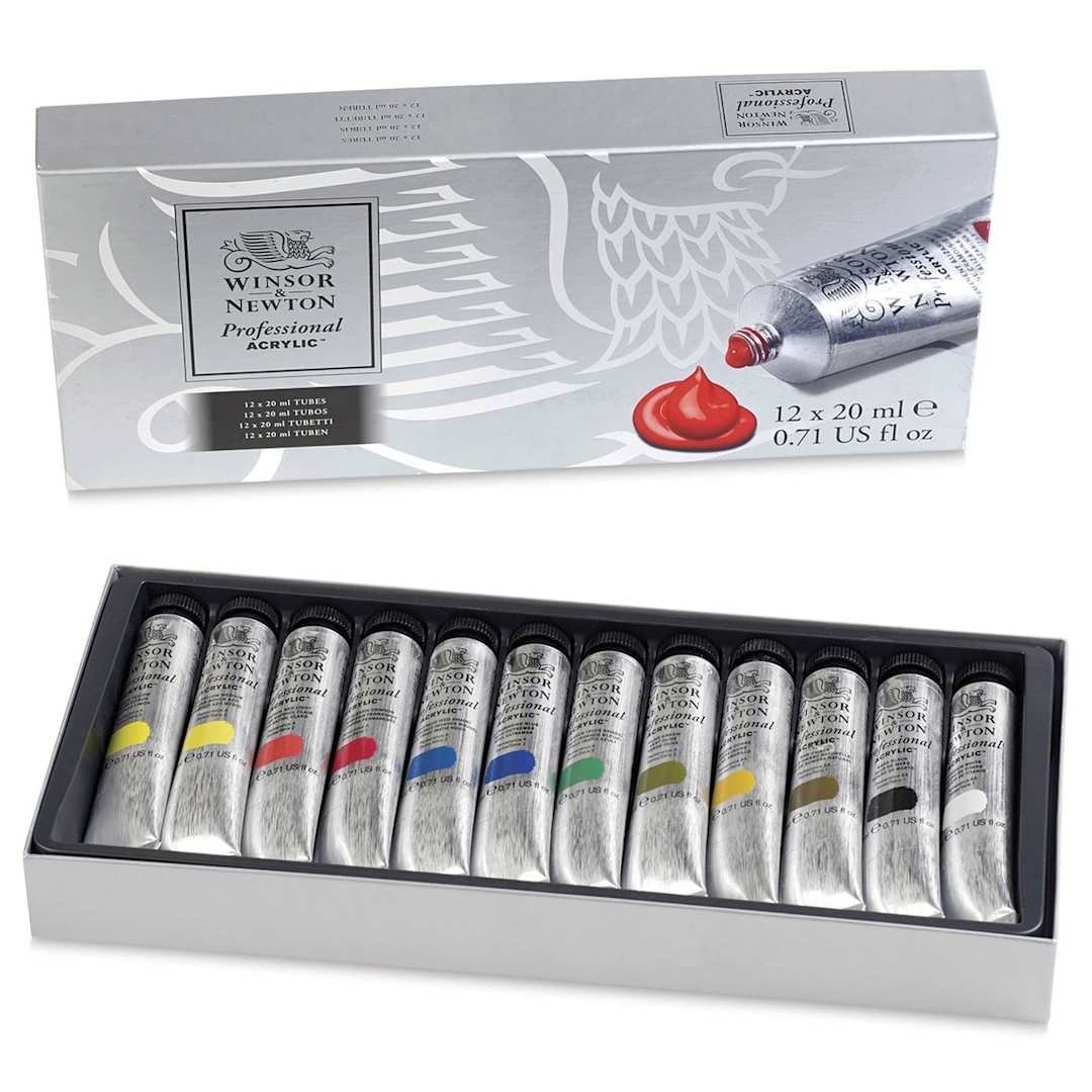 Open in modal - Winsor & Newton Professional Acrylics - Starter Set of 12 Colors, 20 ml tubes, open packaging