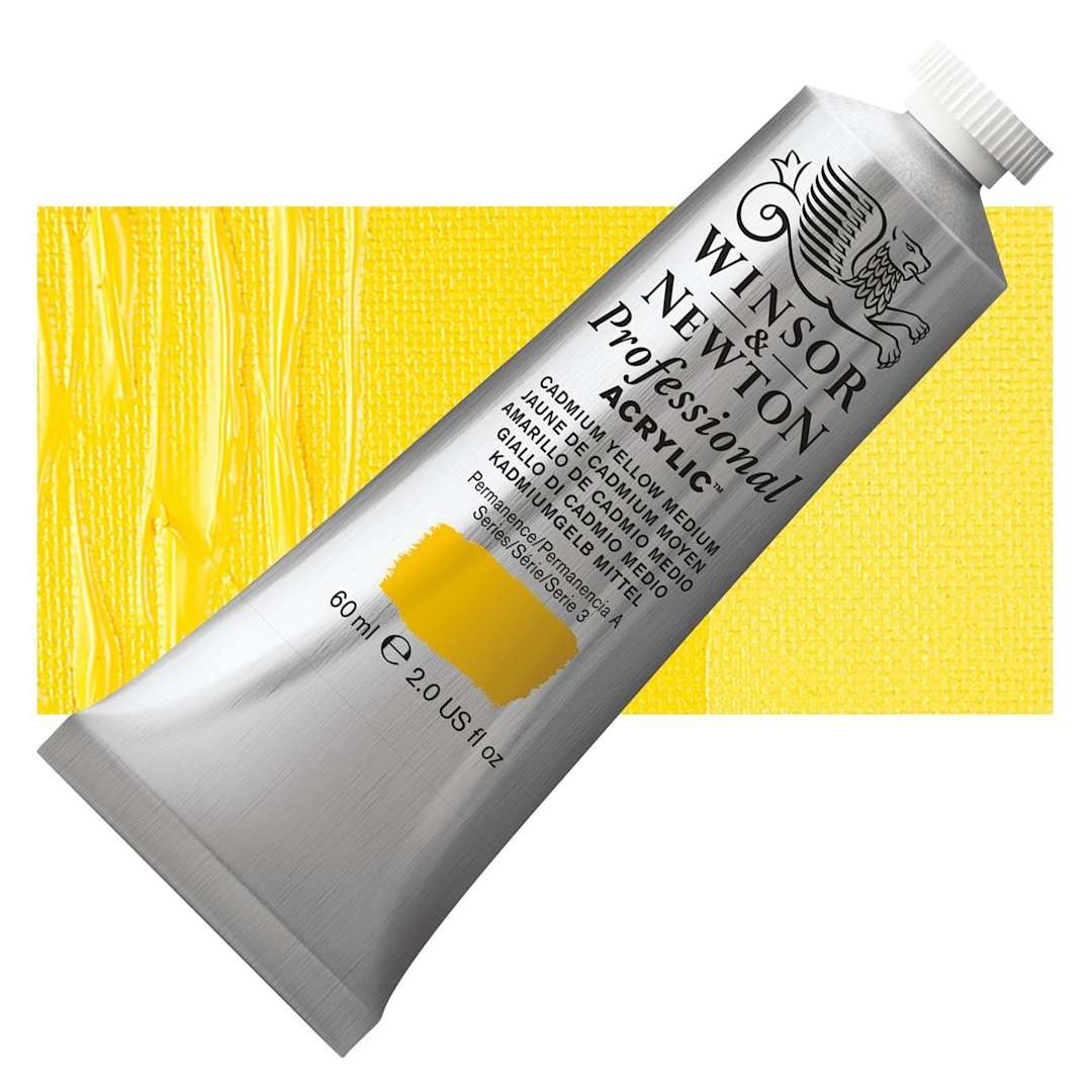Open in modal - Winsor & Newton Professional Acrylic Paint - Cadmium Yellow Medium, 60 ml tube and swatch