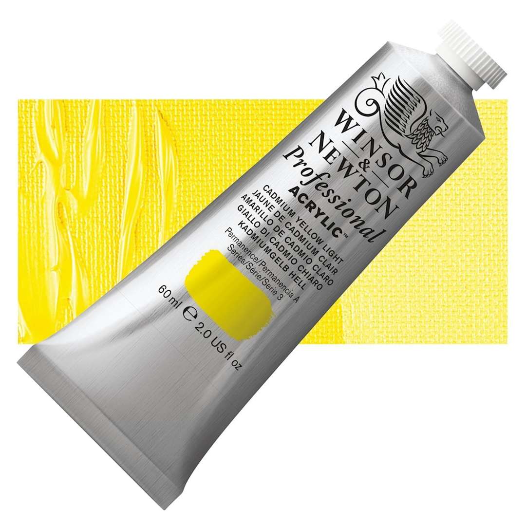 Open in modal - Winsor & Newton Professional Acrylic Paint - Cadmium Yellow Light, 60 ml tube and swatch