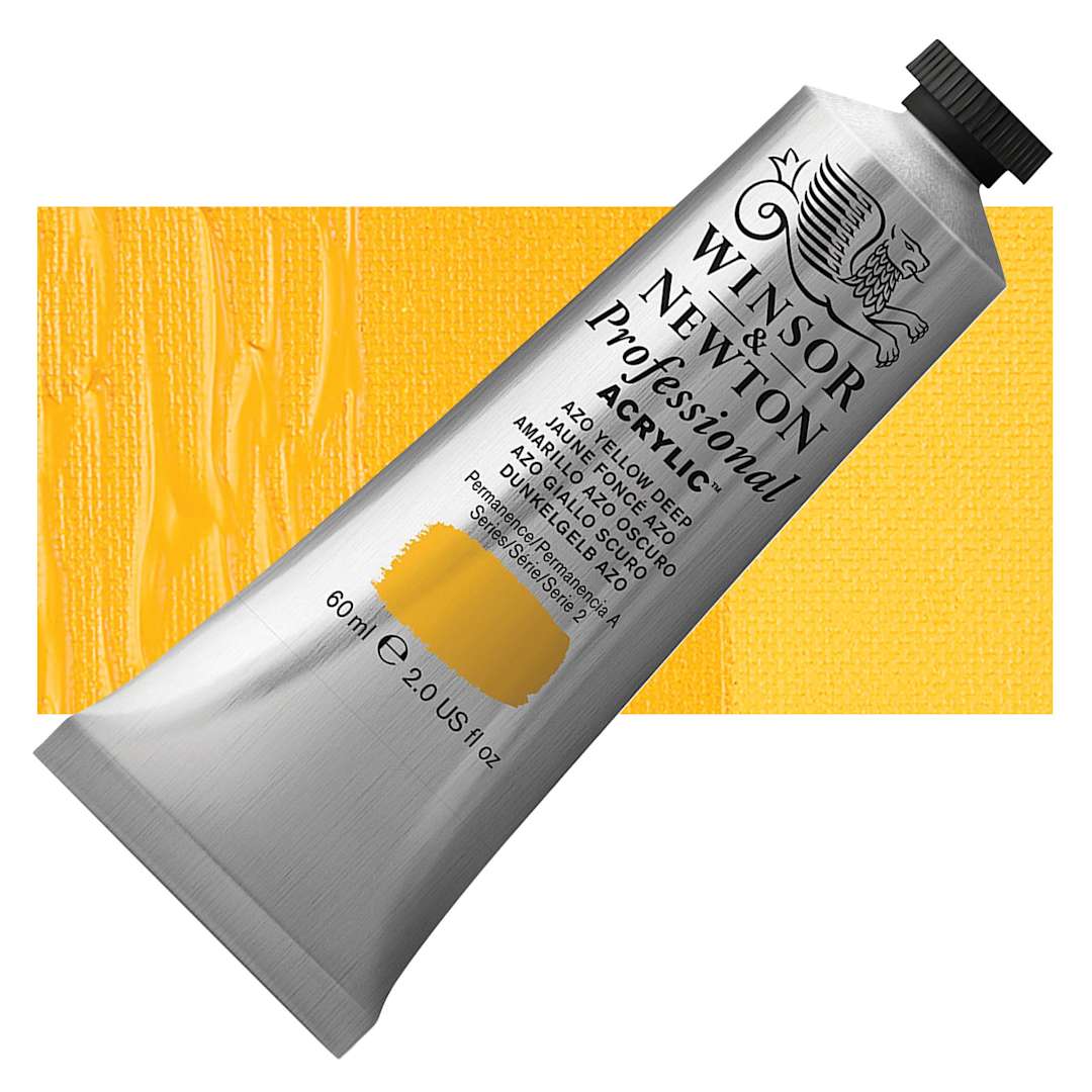 Open in modal - Winsor & Newton Professional Acrylic Paint - Azo Yellow Deep, 60 ml  tube and swatch