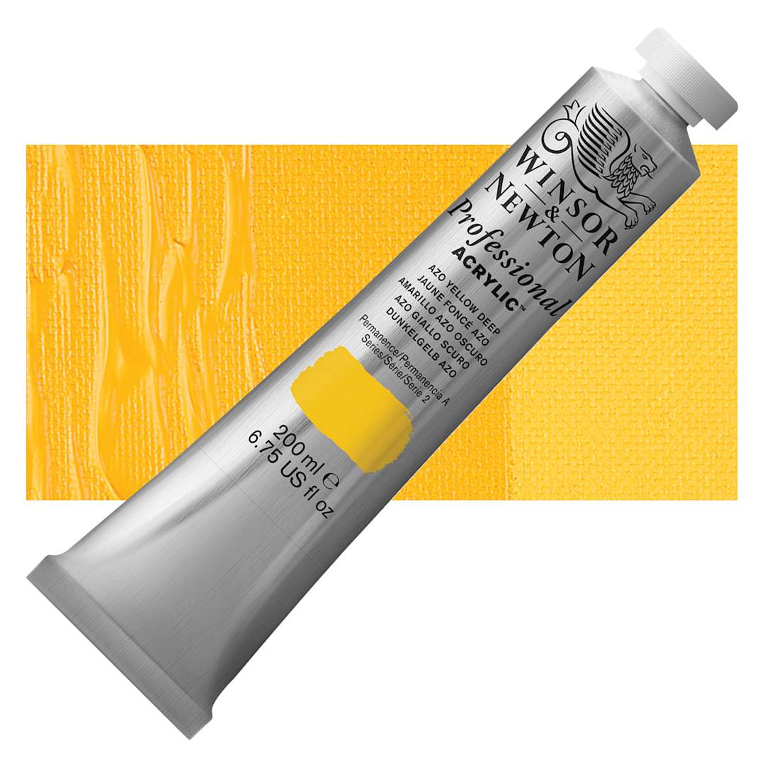 Open in modal - Winsor & Newton Professional Acrylic Paint - Azo Yellow Deep, 200 ml tube and swatch