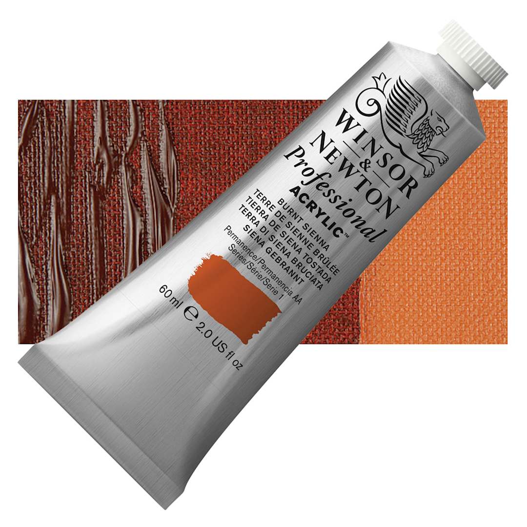 Open in modal - Winsor & Newton Professional Acrylic Paint - Burnt Sienna, 60 ml tube and swatch