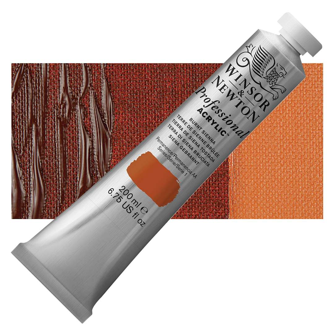 Open in modal - Winsor & Newton Professional Acrylic Paint - Burnt Sienna, 200 ml tube and swatch