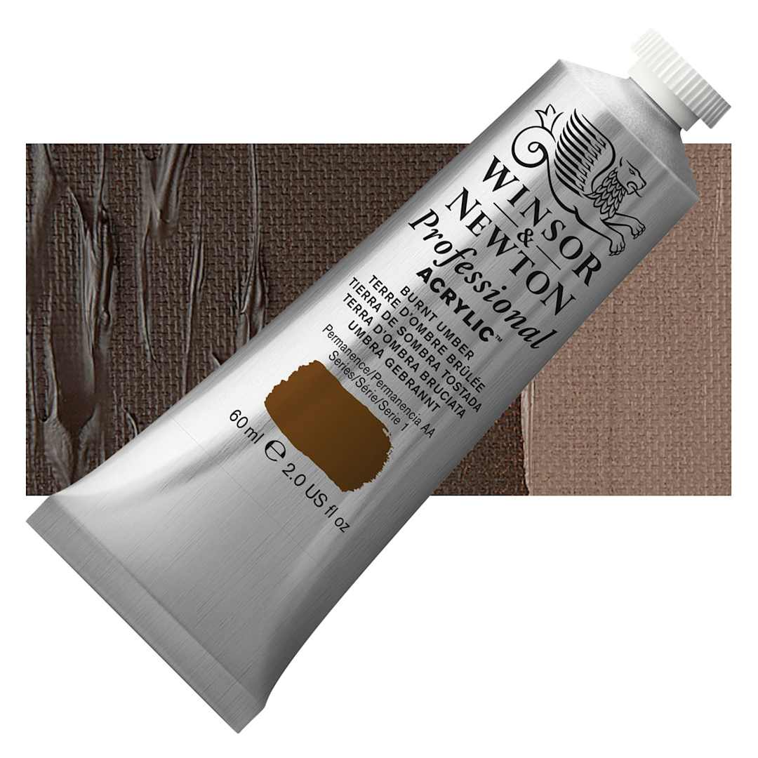 Open in modal - Winsor & Newton Professional Acrylic Paint - Burnt Umber, 60 ml tube and swatch