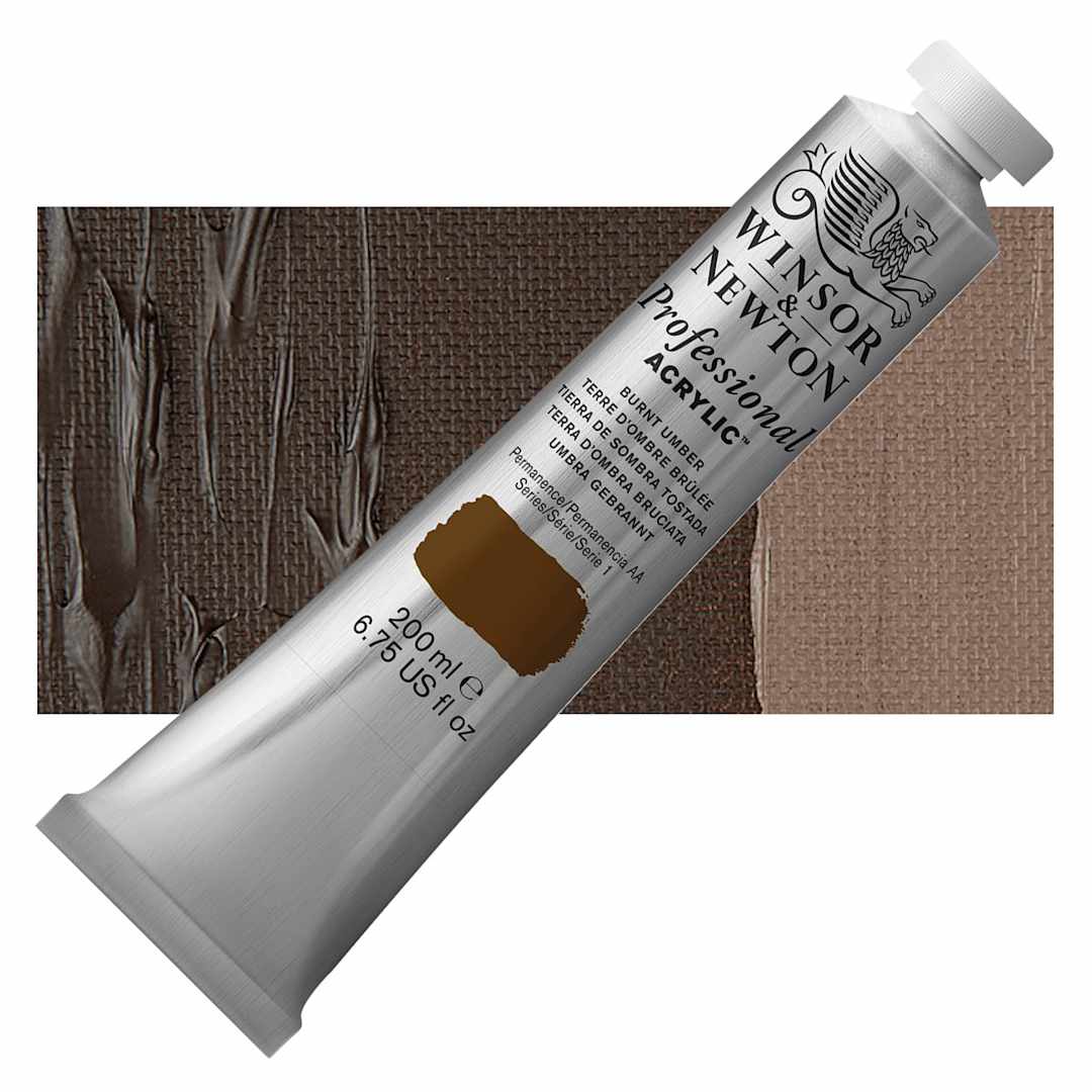 Open in modal - Winsor & Newton Professional Acrylic Paint - Burnt Umber, 200 ml tube and swatch