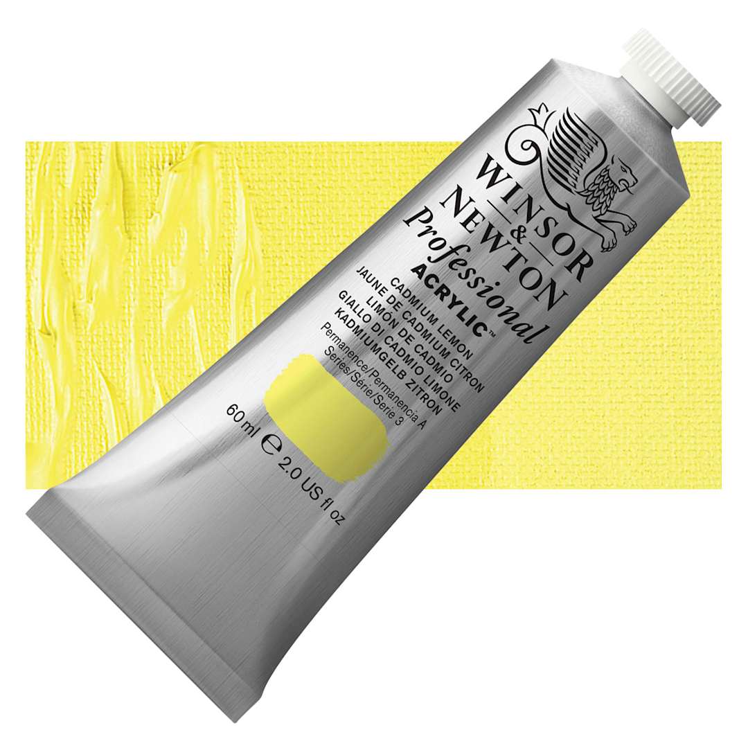Open in modal - Winsor & Newton Professional Acrylic Paint - Cadmium Lemon, 60 ml tube and swatch