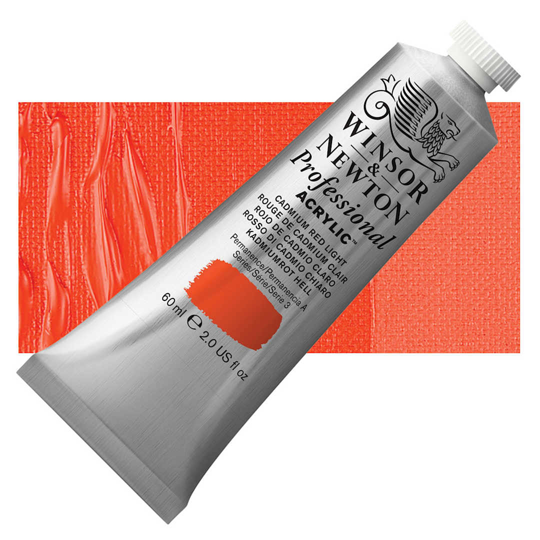 Open in modal - Winsor & Newton Professional Acrylic Paint - Cadmium Red Light, 60 ml tube and swatch