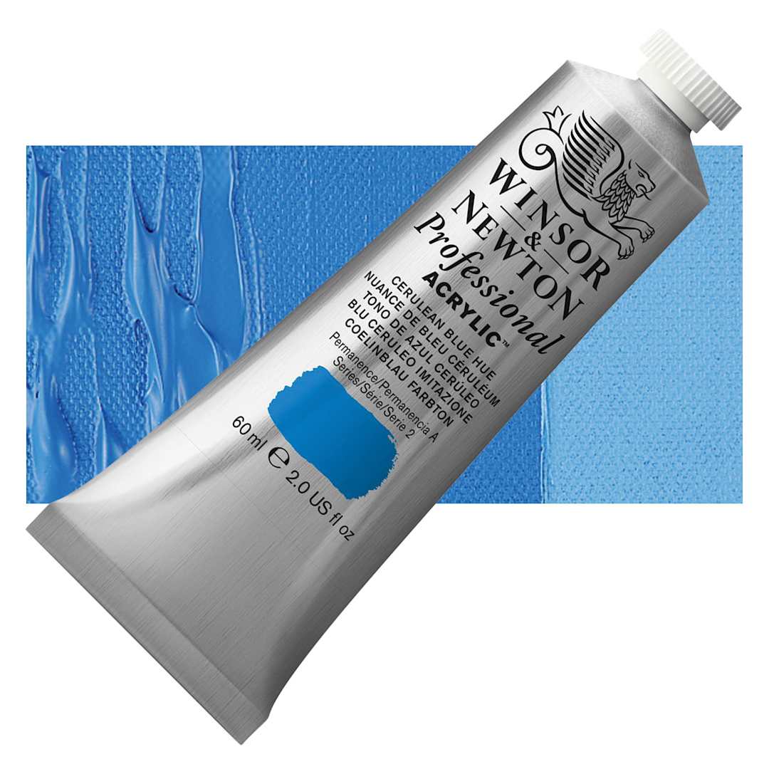 Open in modal - Winsor & Newton Professional Acrylic Paint - Cerulean Blue Hue, 60 ml tube and swatch