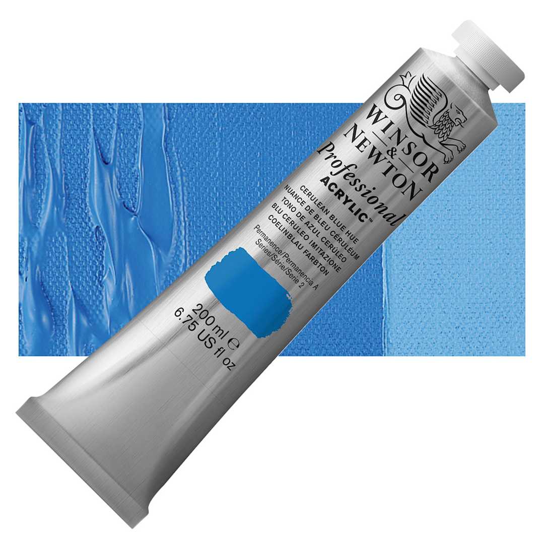 Open in modal - Winsor & Newton Professional Acrylic Paint - Cerulean Blue Hue, 200 ml tube and swatch