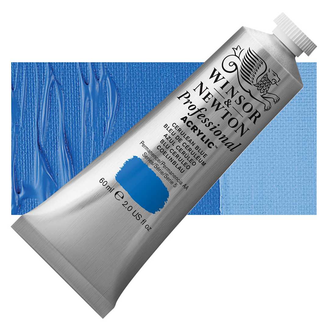 Open in modal - Winsor & Newton Professional Acrylic Paint - Cerulean Blue, 60 ml tube and swatch
