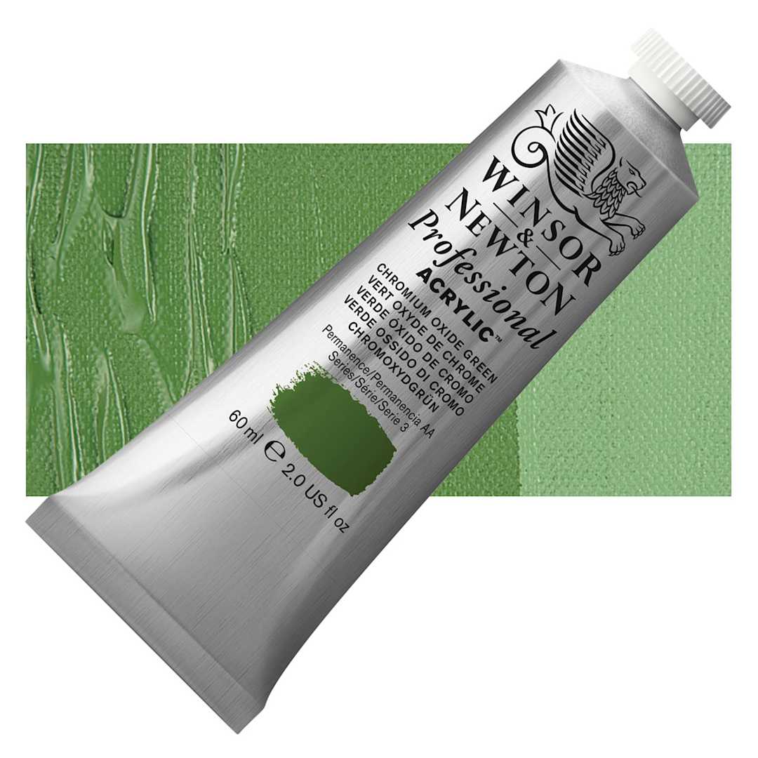 Open in modal - Winsor & Newton Professional Acrylic Paint - Chromium Oxide Green, 60 ml tube and swatch