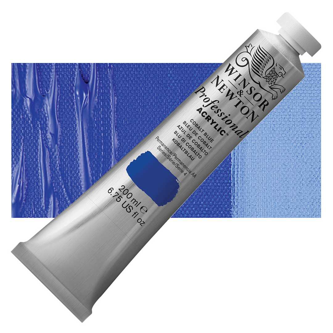 Open in modal - Winsor & Newton Professional Acrylic Paint - Cobalt Blue, 200 ml tube and swatch
