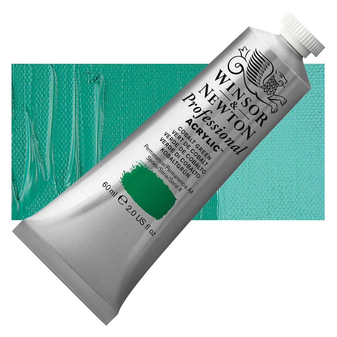 Open in modal - Winsor & Newton Professional Acrylic Paint - Cobalt Green, 60 ml tube and swatch