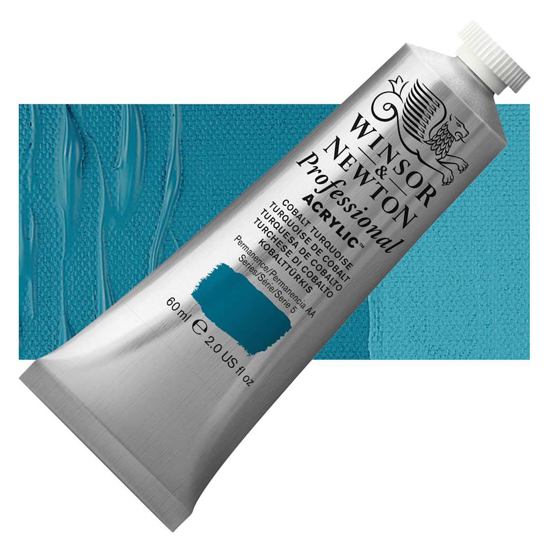 Open in modal - Winsor & Newton Professional Acrylic Paint - Cobalt Turquoise, 60 ml tube and swatch