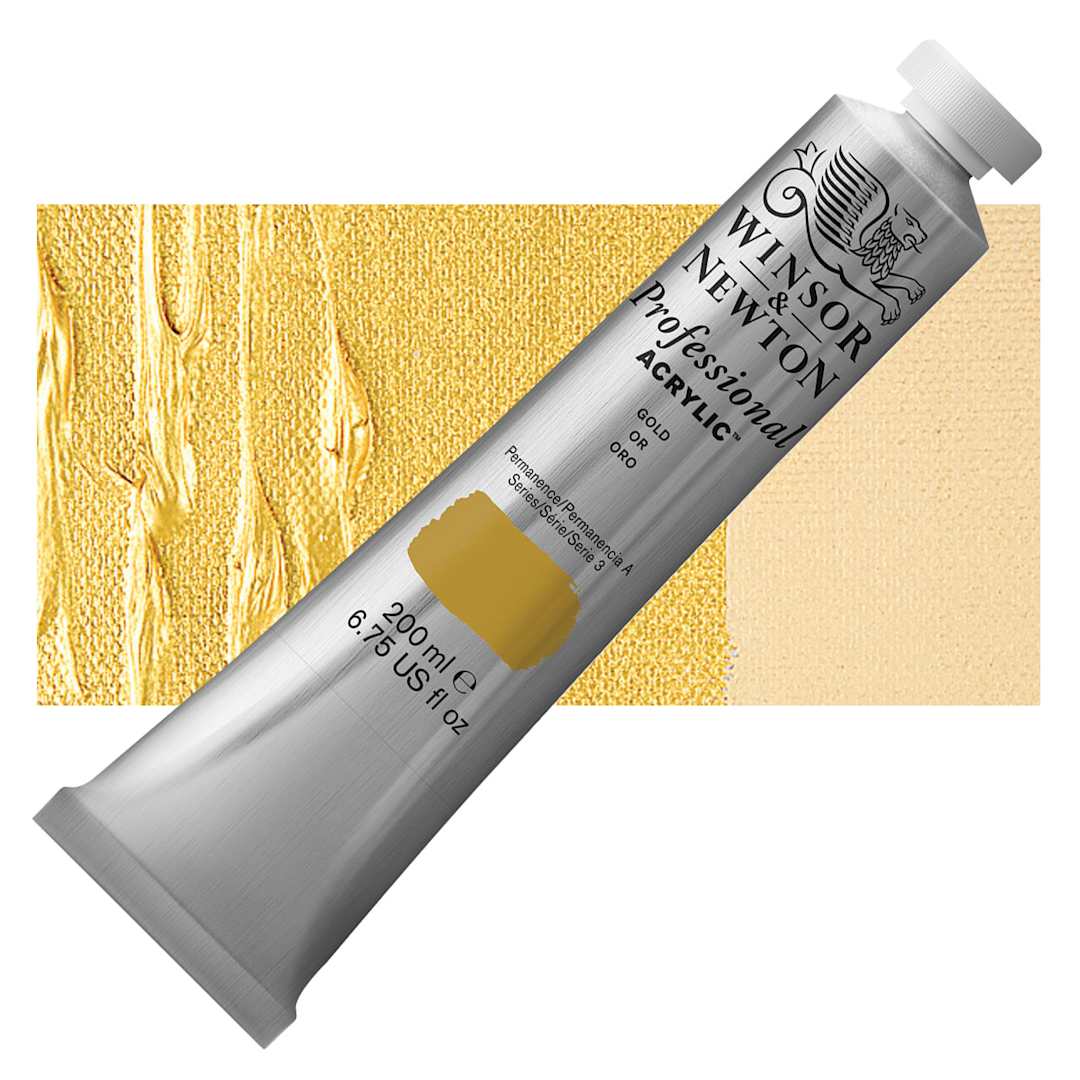 Open in modal - Winsor & Newton Professional Acrylic Paint - Gold, 200 ml tube and swatch