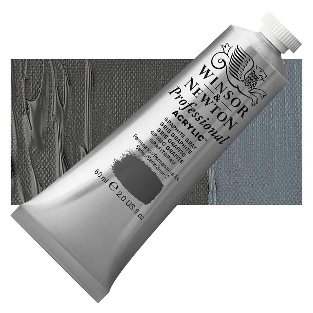 Open in modal - Winsor & Newton Professional Acrylic Paint - Graphite Gray, 60 ml tube and swatch