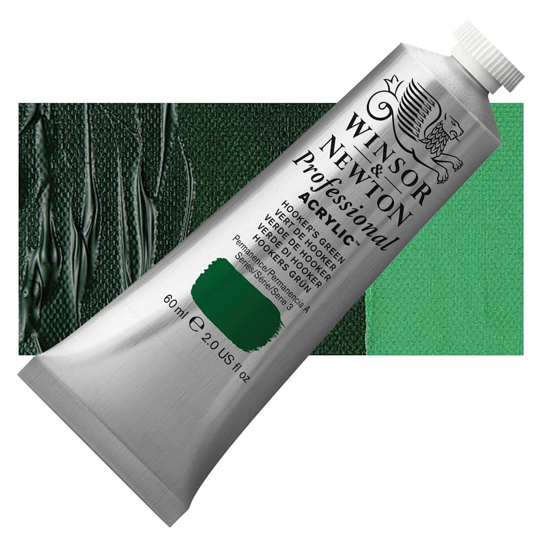 Open in modal - Winsor & Newton Professional Acrylic Paint - Hooker's Green, 60 ml tube and swatch