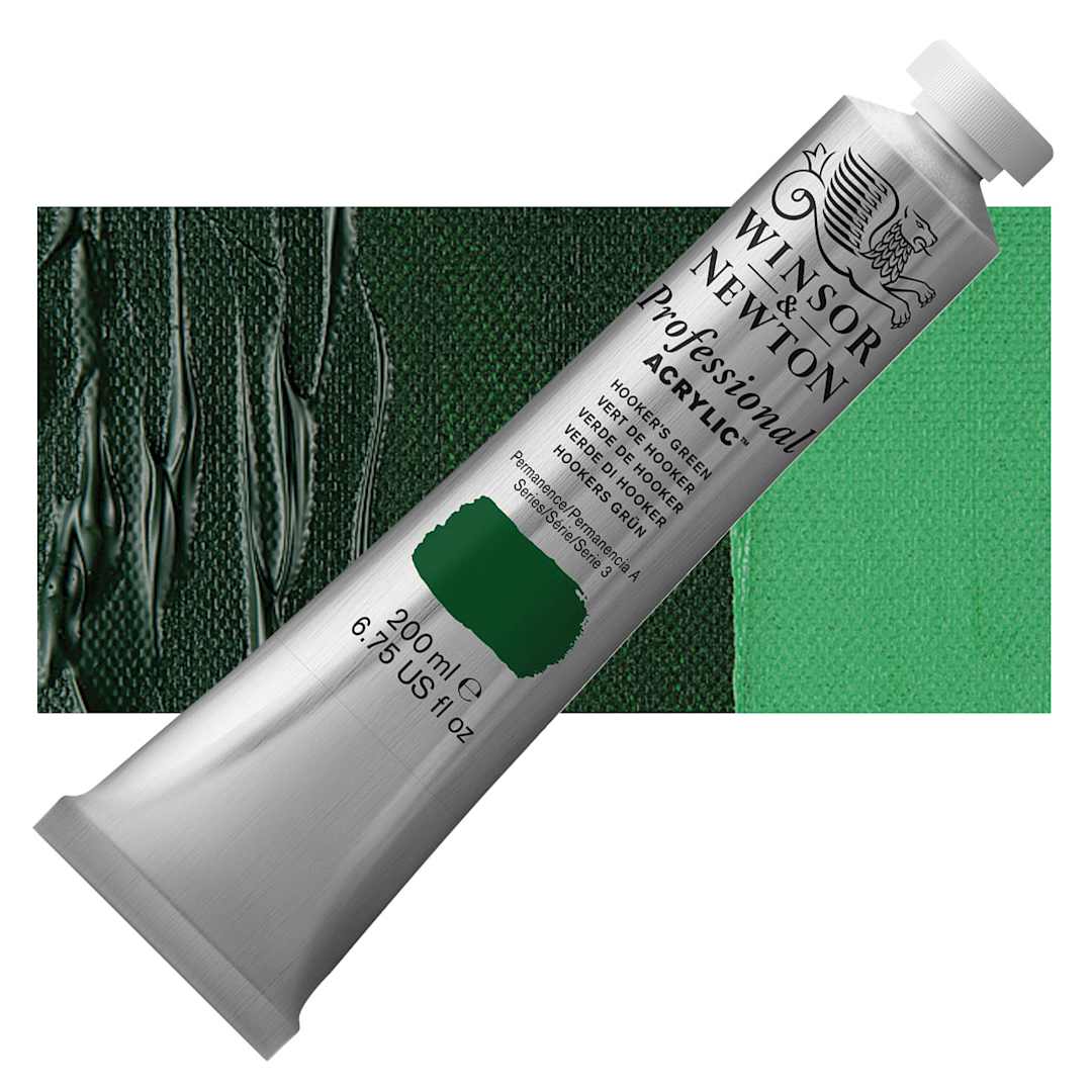 Open in modal - Winsor & Newton Professional Acrylic Paint - Hooker's Green, 200 ml tube and swatch