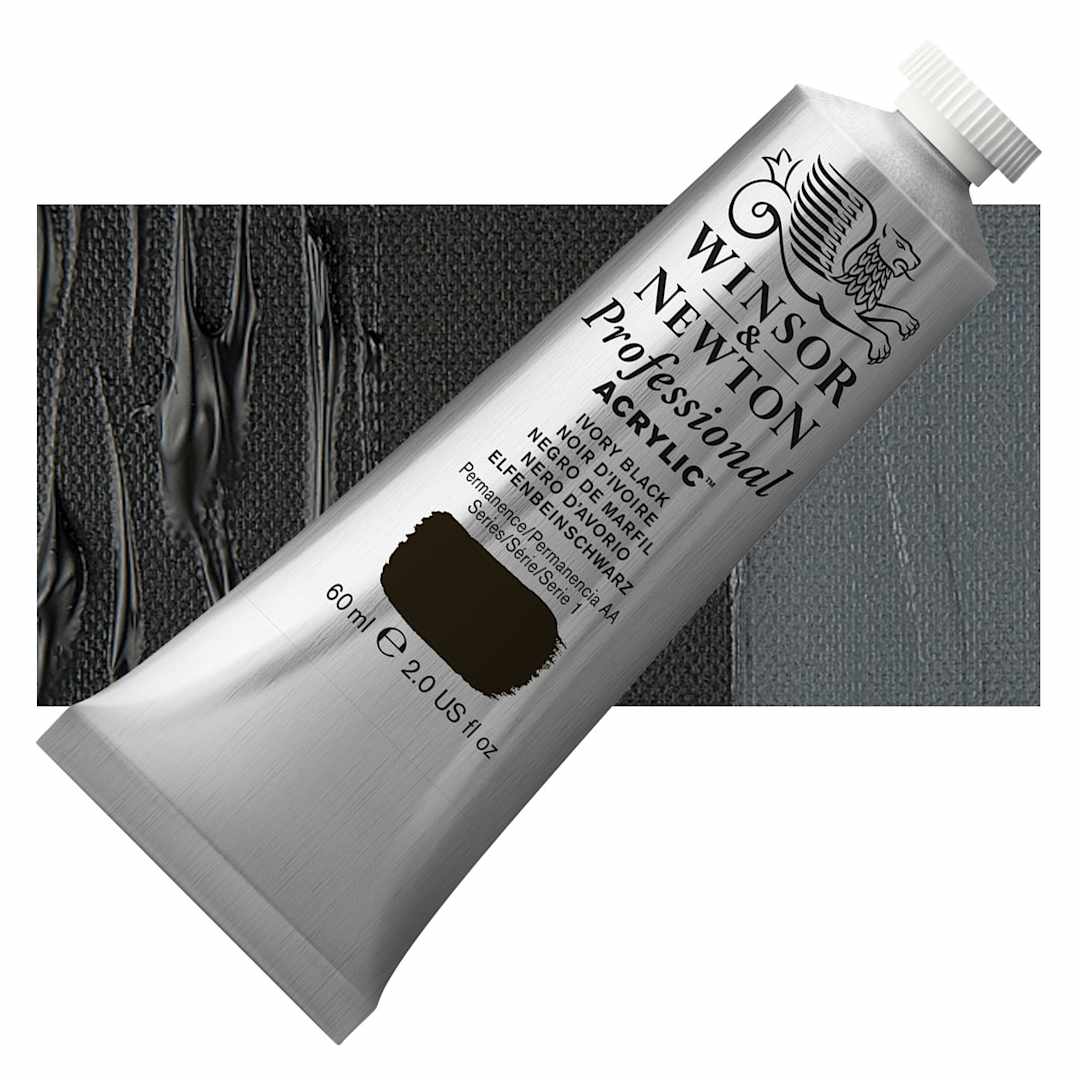 Open in modal - Winsor & Newton Professional Acrylic Paint - Ivory Black, 60 ml tube and swatch