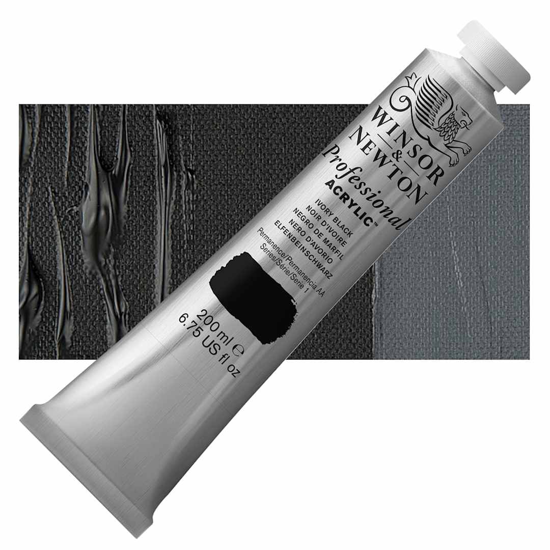 Open in modal - Winsor & Newton Professional Acrylic Paint - Ivory Black, 200 ml tube and swatch