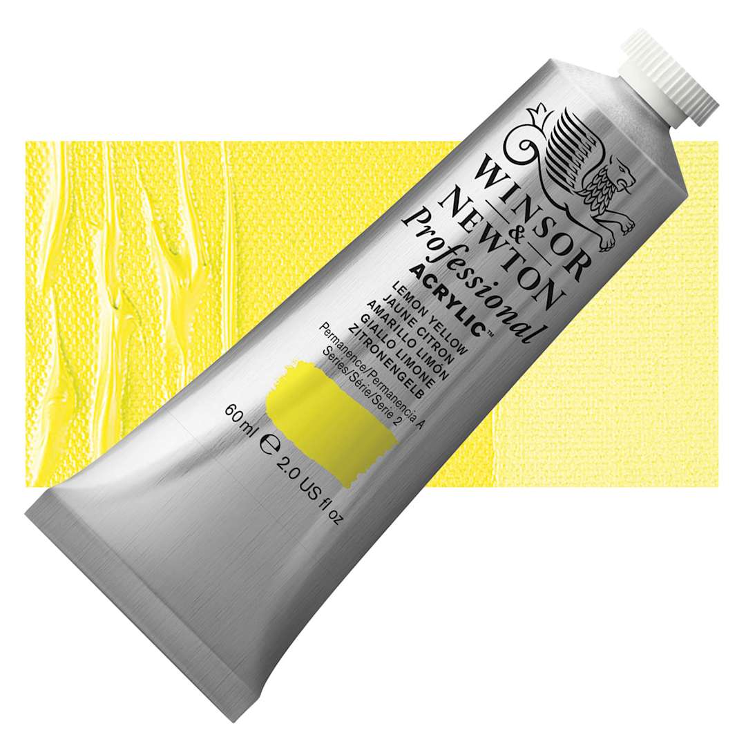 Open in modal - Winsor & Newton Professional Acrylic Paint - Lemon Yellow, 60 ml tube and swatch