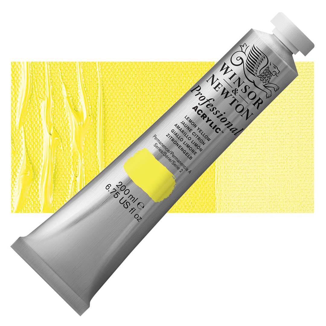 Open in modal - Winsor & Newton Professional Acrylic Paint - Lemon Yellow, 200 ml tube and swatch