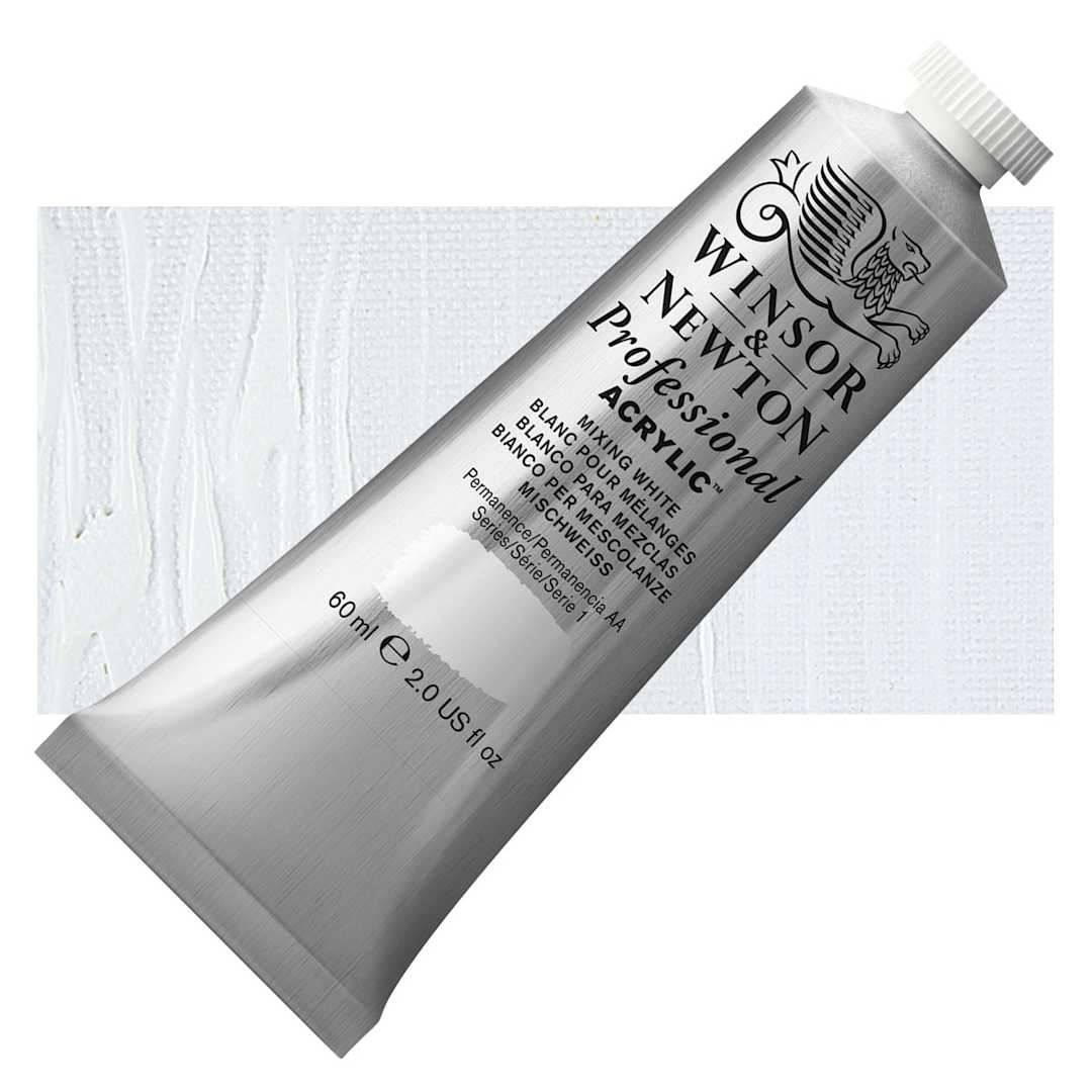 Open in modal - Winsor & Newton Professional Acrylic Paint - Mixing White, 60 ml tube and swatch