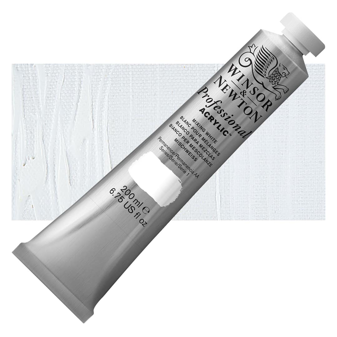 Open in modal - Winsor & Newton Professional Acrylic Paint - Mixing White, 200 ml tube and swatch