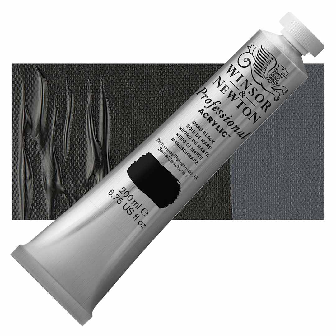 Open in modal - Winsor & Newton Professional Acrylic Paint - Mars Black, 200 ml tube and swatch