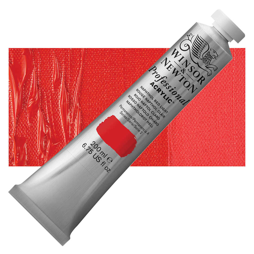 Open in modal - Winsor & Newton Professional Acrylic Paint - Naphthol Red Light, 200 ml tube and swatch