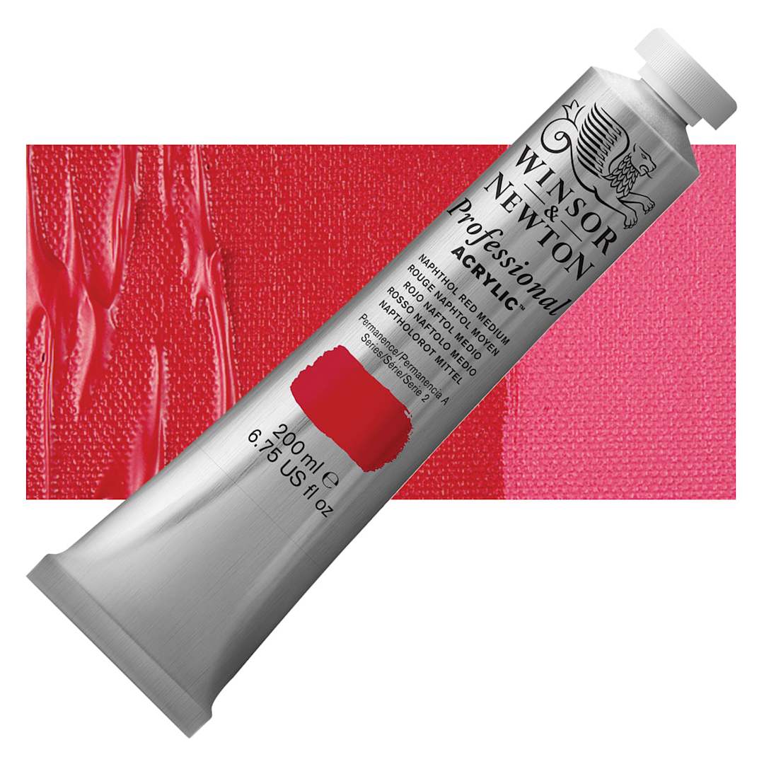 Open in modal - Winsor & Newton Professional Acrylic Paint - Naphthol Red Medium, 200 ml tube and swatch