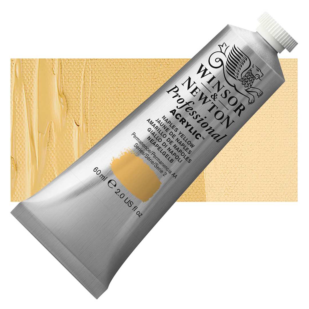Open in modal - Winsor & Newton Professional Acrylic Paint - Naples Yellow, 60 ml tube and swatch