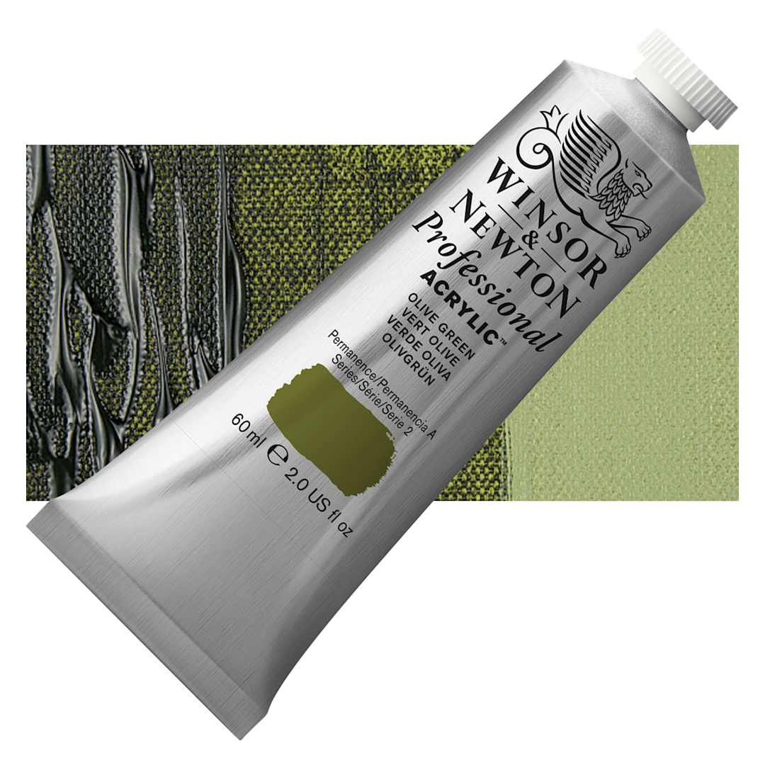 Open in modal - Winsor & Newton Professional Acrylic Paint - Olive Green, 60 ml tube and swatch