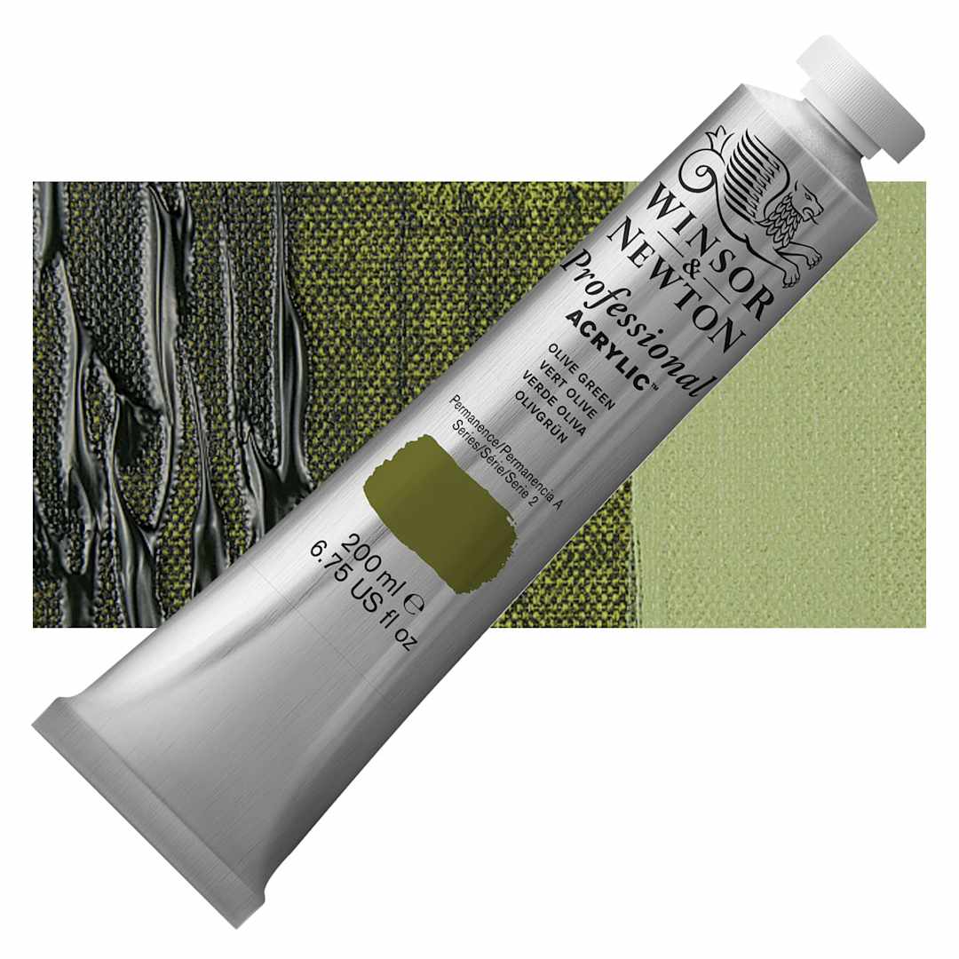 Open in modal - Winsor & Newton Professional Acrylic Paint - Olive Green, 200 ml tube and swatch