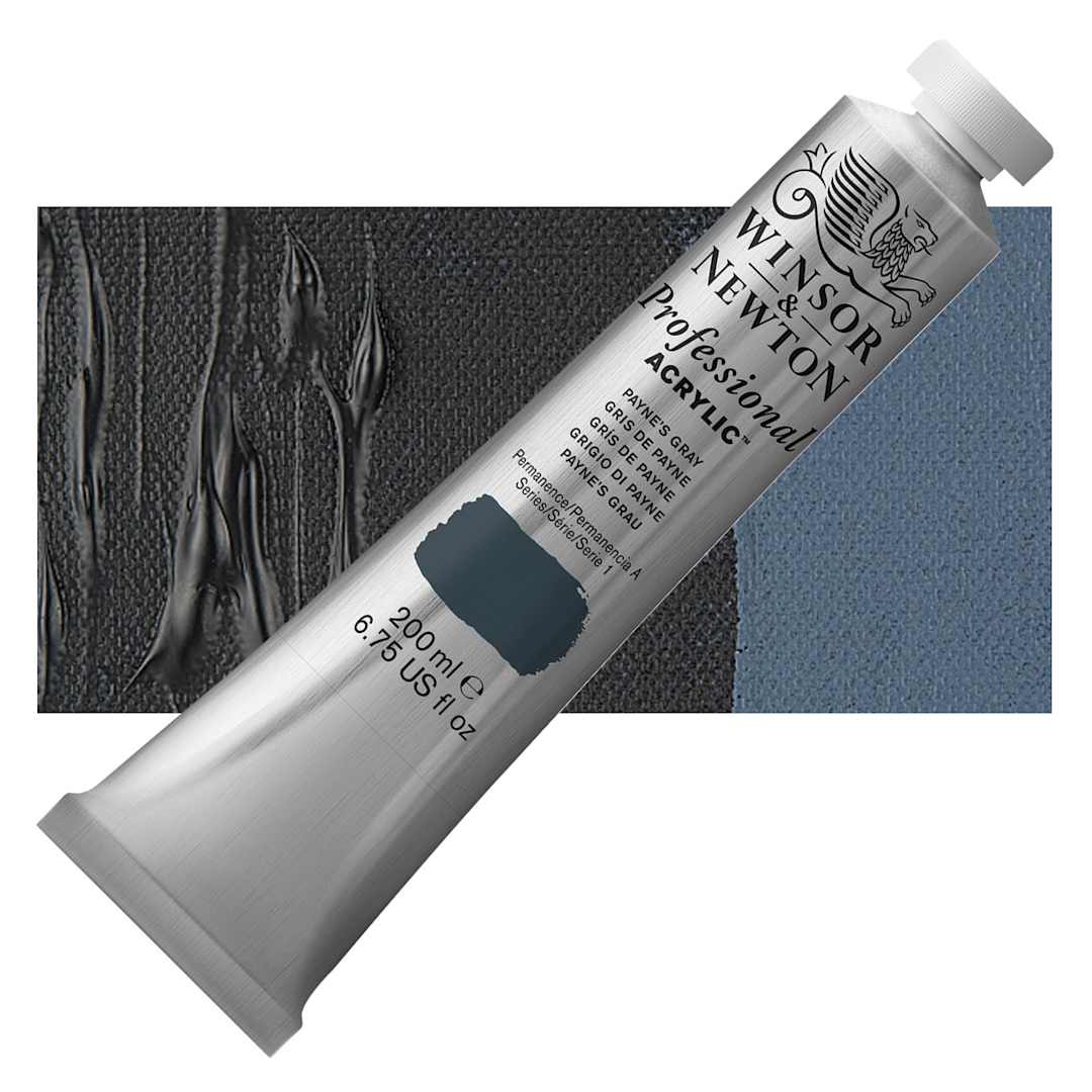 Open in modal - Winsor & Newton Professional Acrylic Paint - Payne's Gray, 200 ml tube and swatch