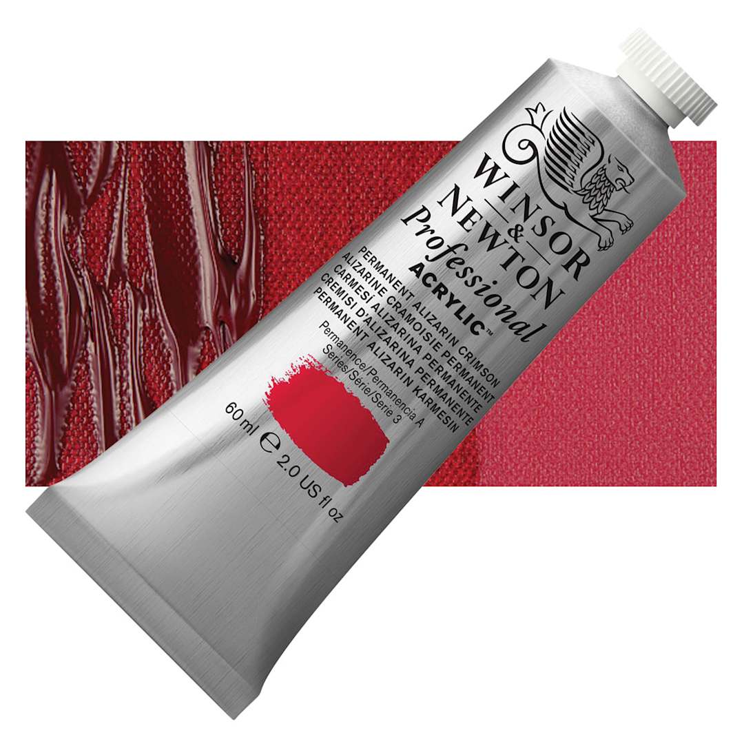 Open in modal - Winsor & Newton Professional Acrylic Paint - Permanent Alizarin Crimson, 60 ml tube and swatch