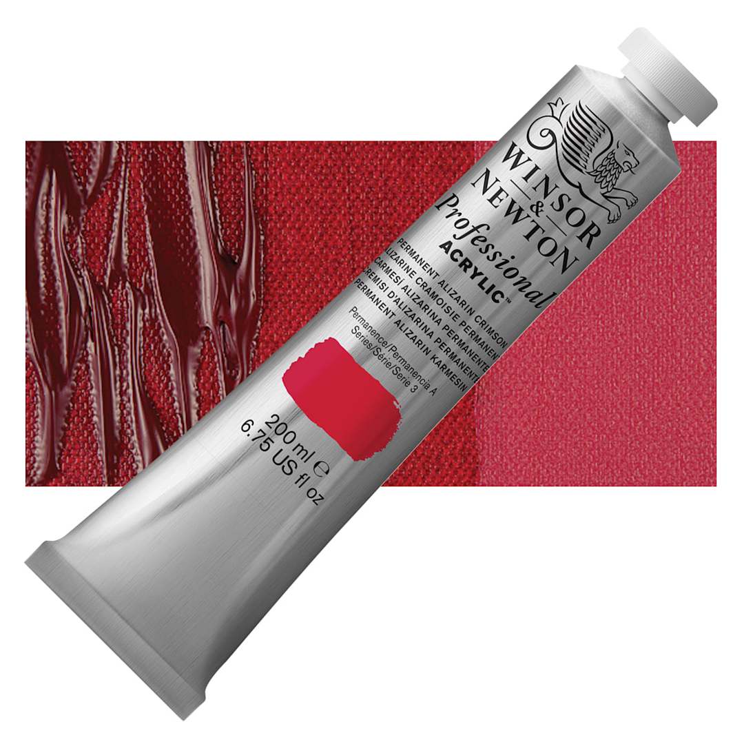 Open in modal - Winsor & Newton Professional Acrylic Paint - Permanent Alizarin Crimson, 200 ml tube and swatch