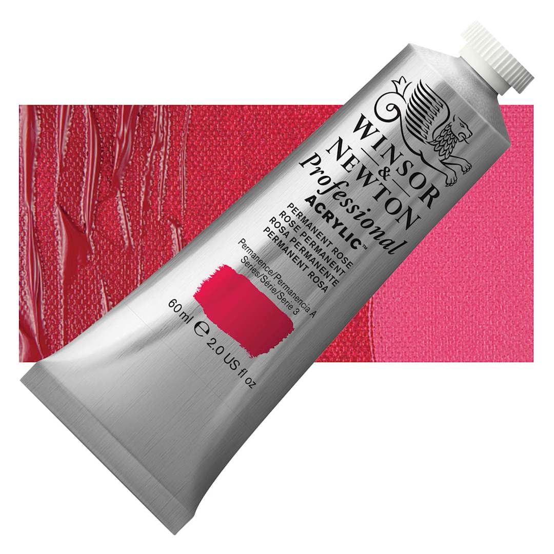 Open in modal - Winsor & Newton Professional Acrylic Paint - Permanent Rose, 60 ml tube and swatch