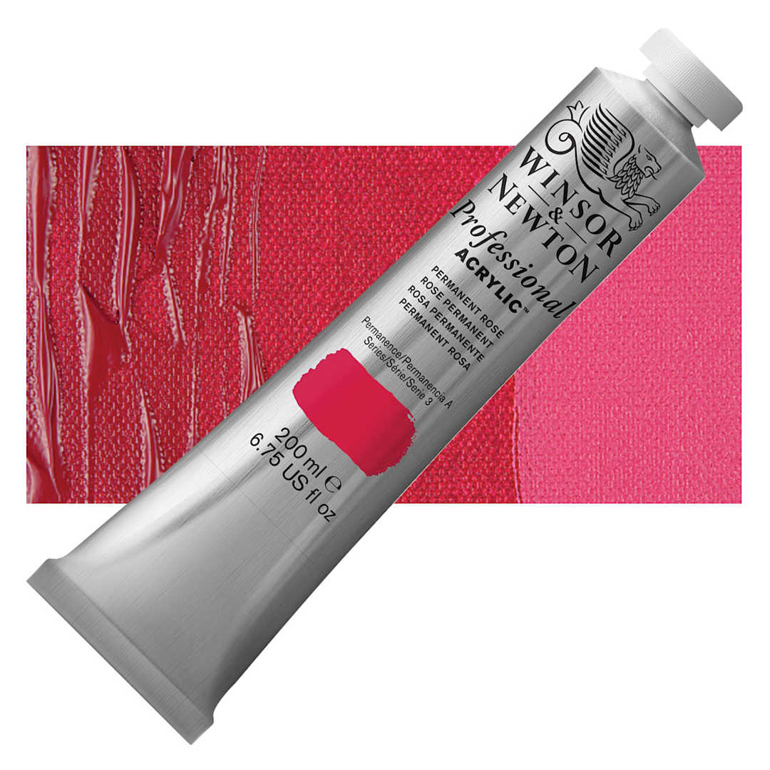 Open in modal - Winsor & Newton Professional Acrylic Paint - Permanent Rose, 200 ml tube and swatch