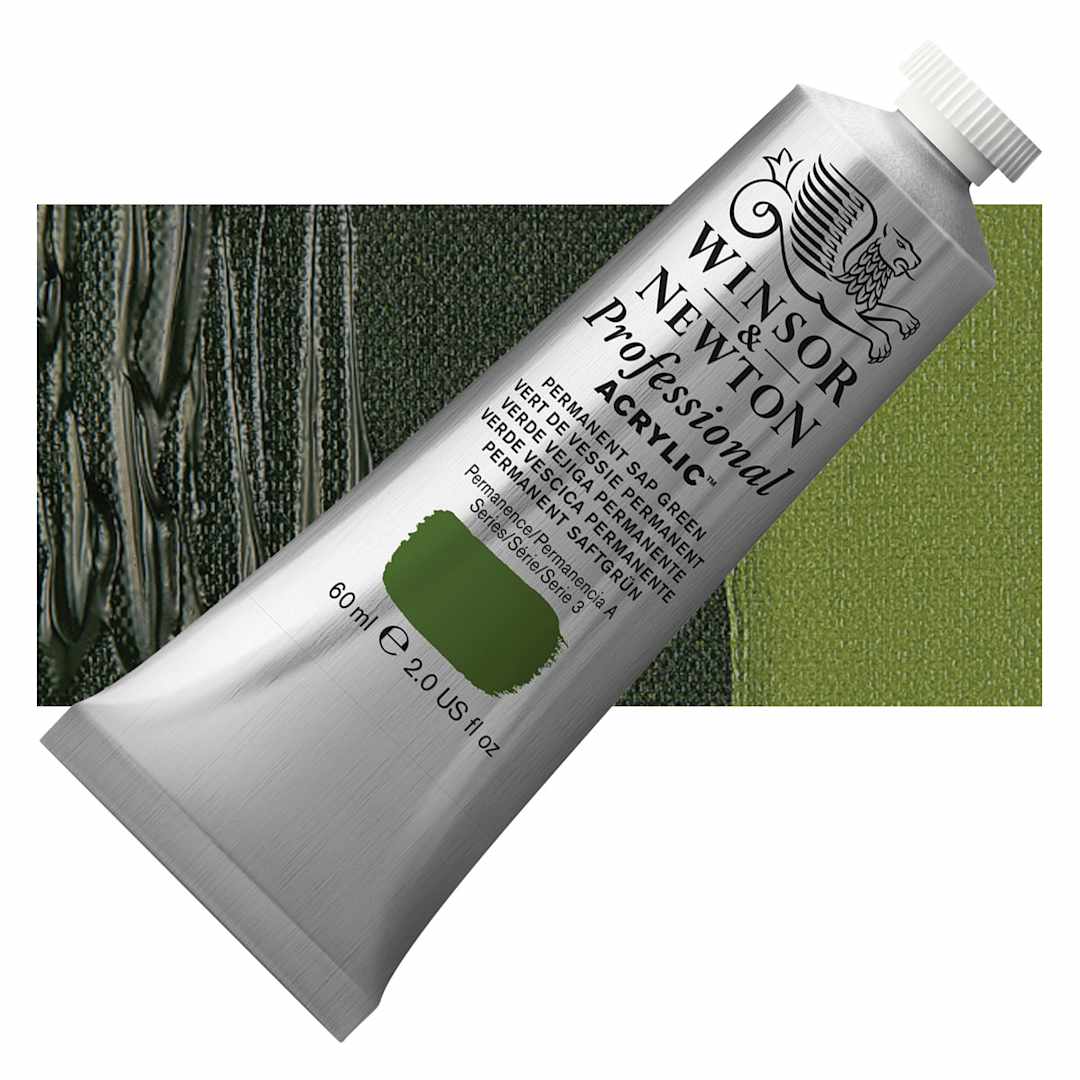 Open in modal - Winsor & Newton Professional Acrylic Paint - Permanent Sap Green, 60 ml tube and swatch