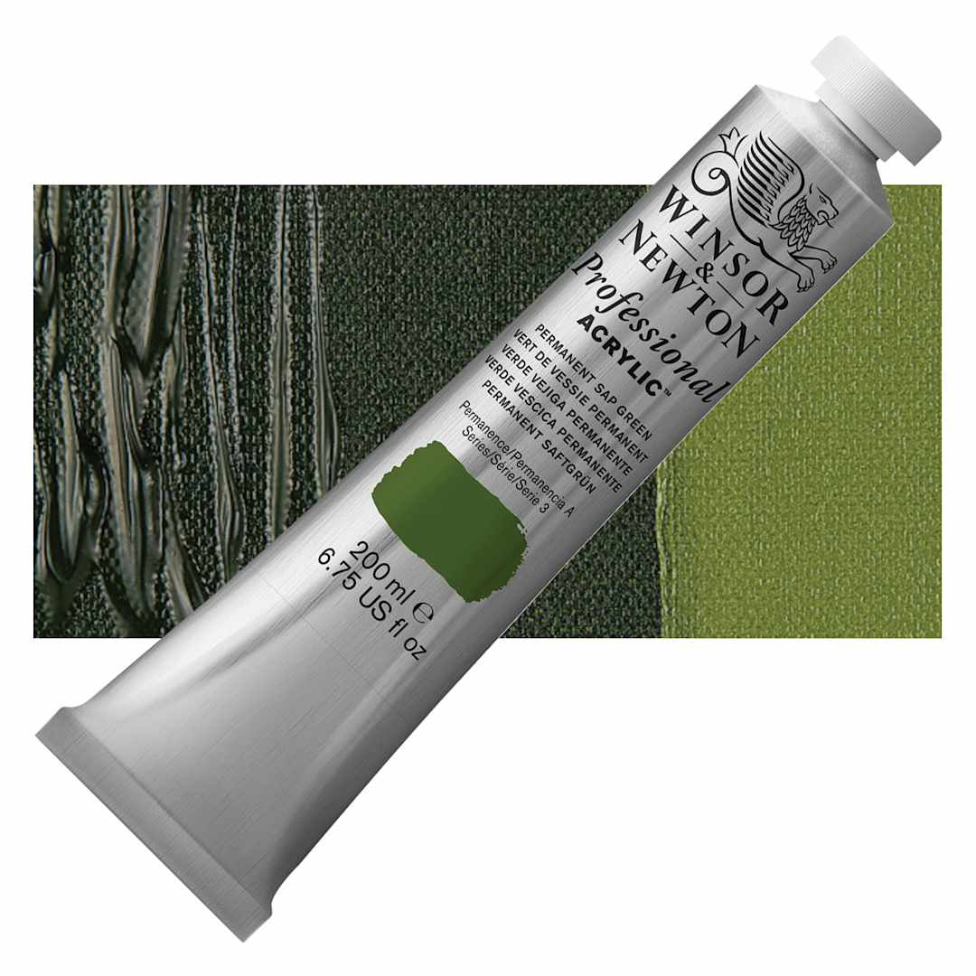 Open in modal - Winsor & Newton Professional Acrylic Paint - Permanent Sap Green, 200 ml tube and swatch