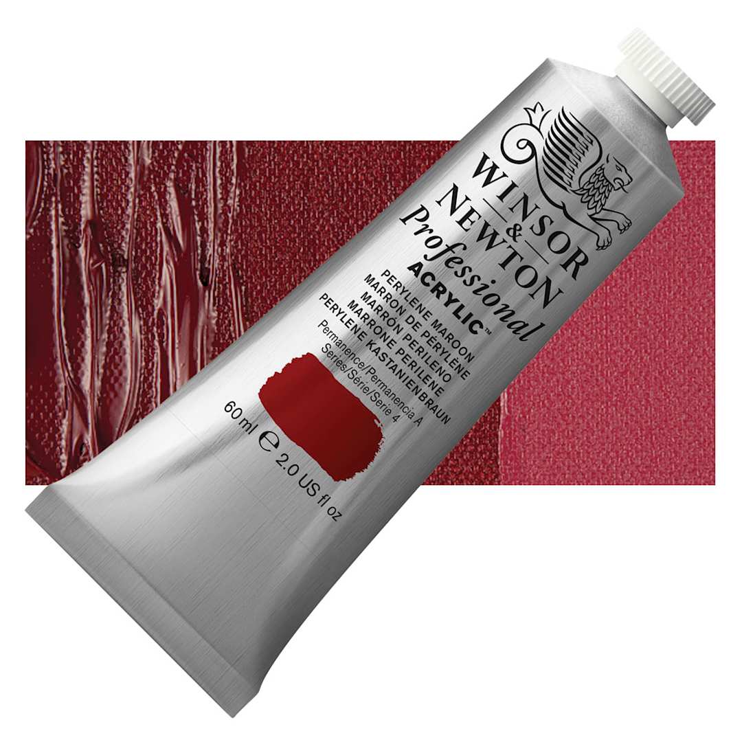 Open in modal - Winsor & Newton Professional Acrylic Paint - Perylene Maroon, 60 ml tube and swatch
